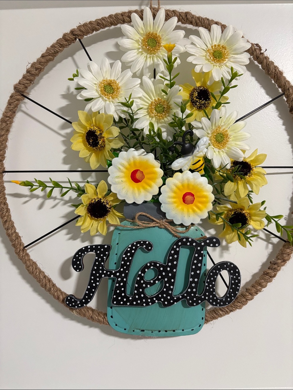 Hand Crafted Yellow & White Floral Mason Jar Wreath